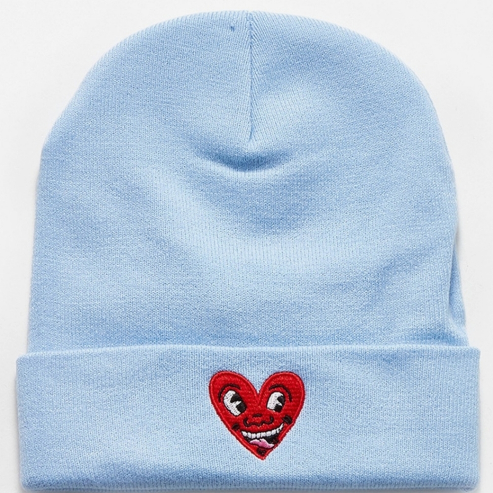 New Keith Haring Dancing Heart Smile Beenie Hat Knit Embroidered Blue Red Art